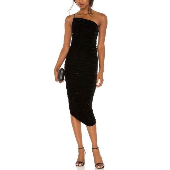 Lovers + Friends Milwood Asymmetrical Black Velvet Midi Dress, Women’s Small - Picture 2 of 14